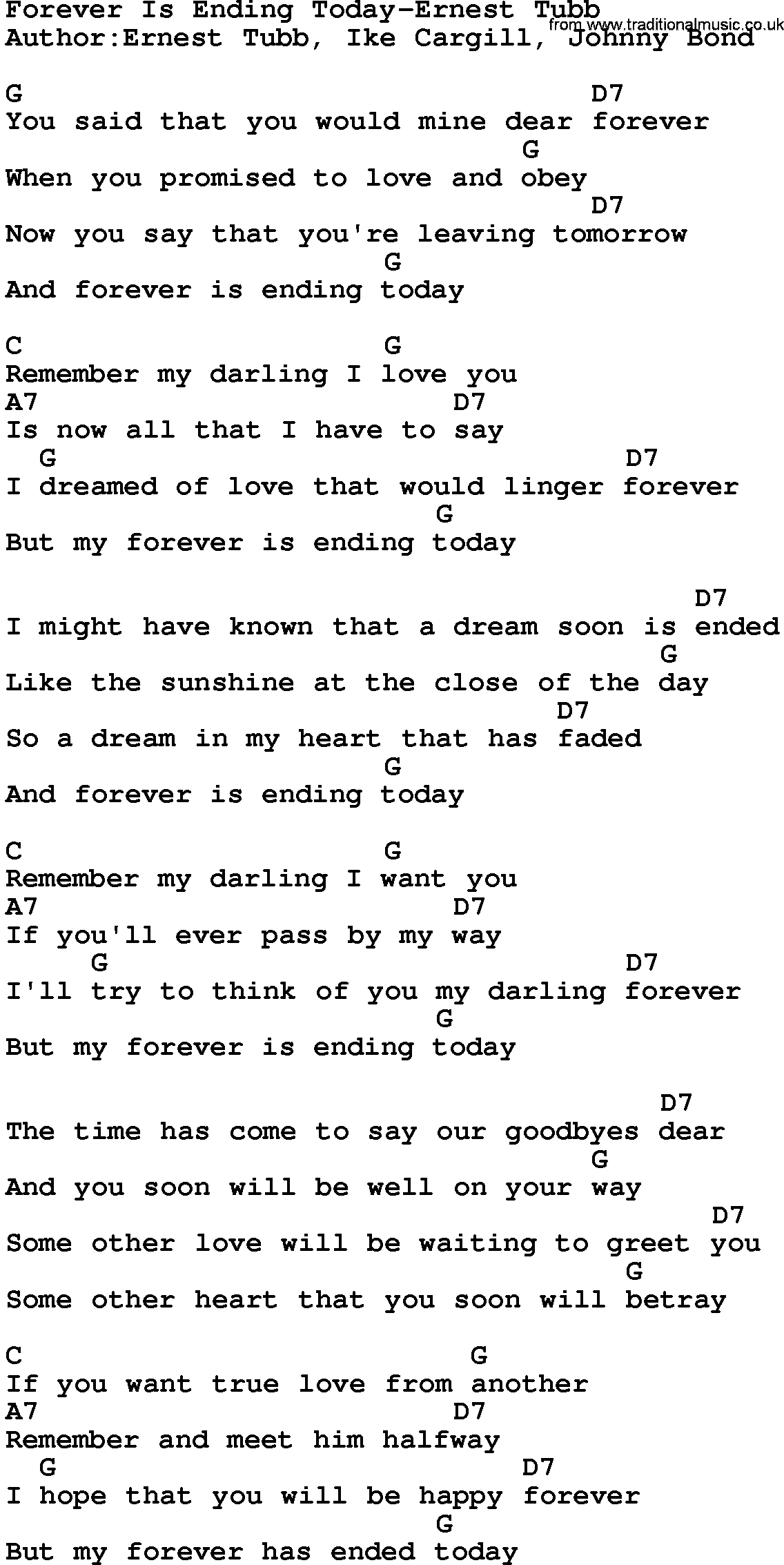 Country music song: Forever Is Ending Today-Ernest Tubb lyrics and chords