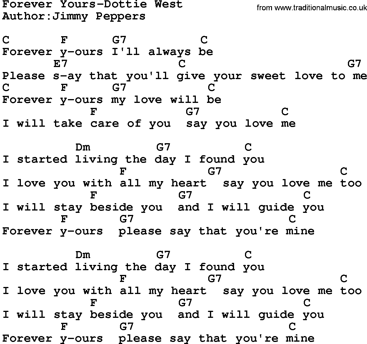 Country music song: Forever Yours-Dottie West lyrics and chords