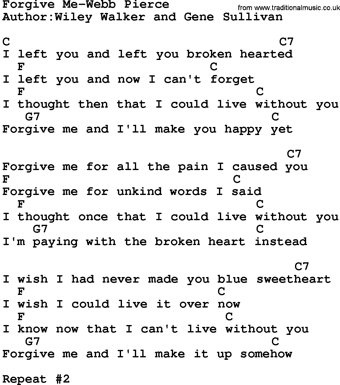 Country music song: Forgive Me-Webb Pierce lyrics and chords