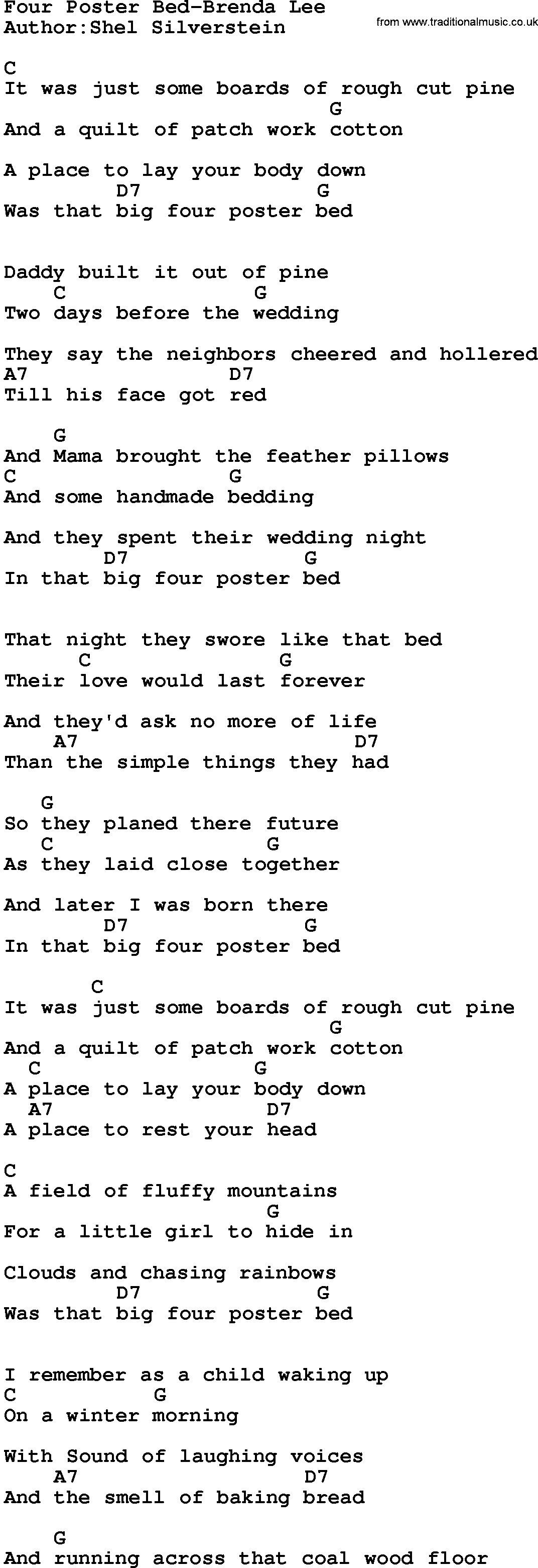 Country music song: Four Poster Bed-Brenda Lee lyrics and chords