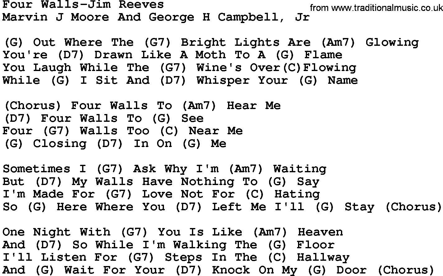 Country music song: Four Walls-Jim Reeves lyrics and chords