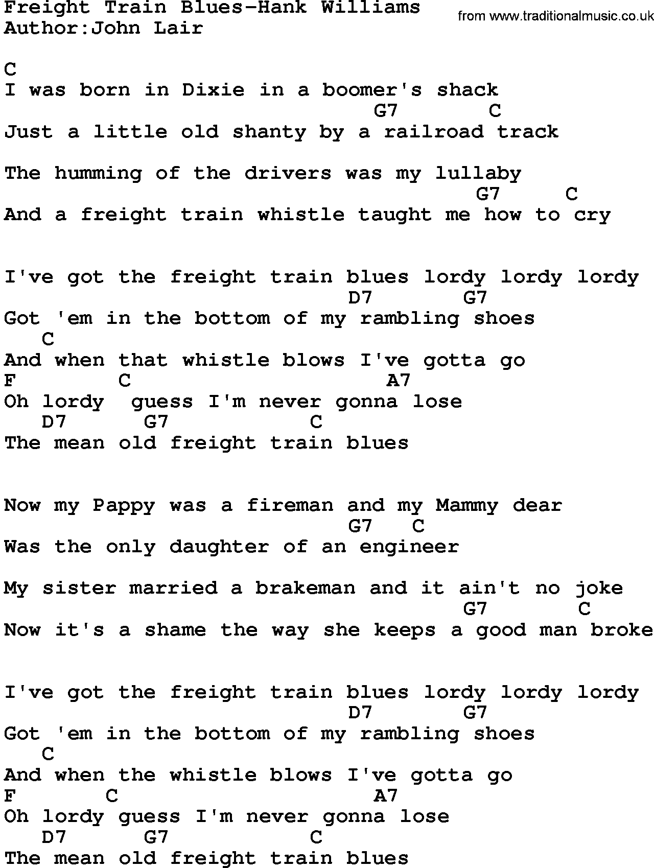 Country music song: Freight Train Blues-Hank Williams lyrics and chords