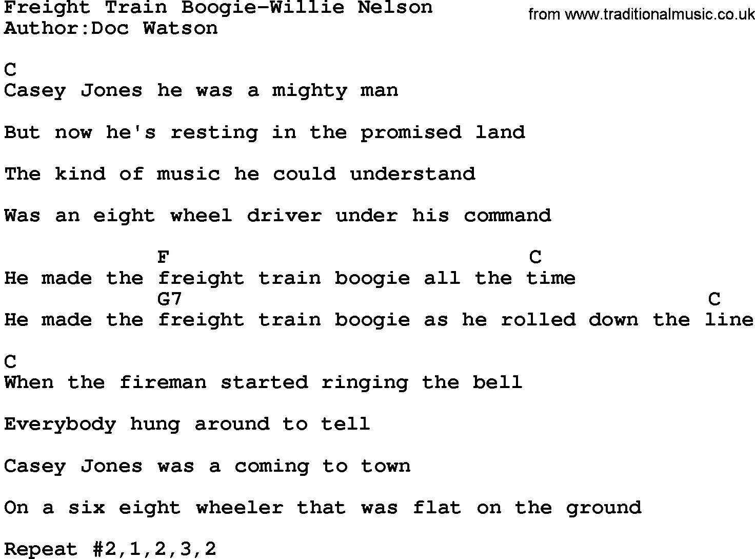 Country music song: Freight Train Boogie-Willie Nelson lyrics and chords