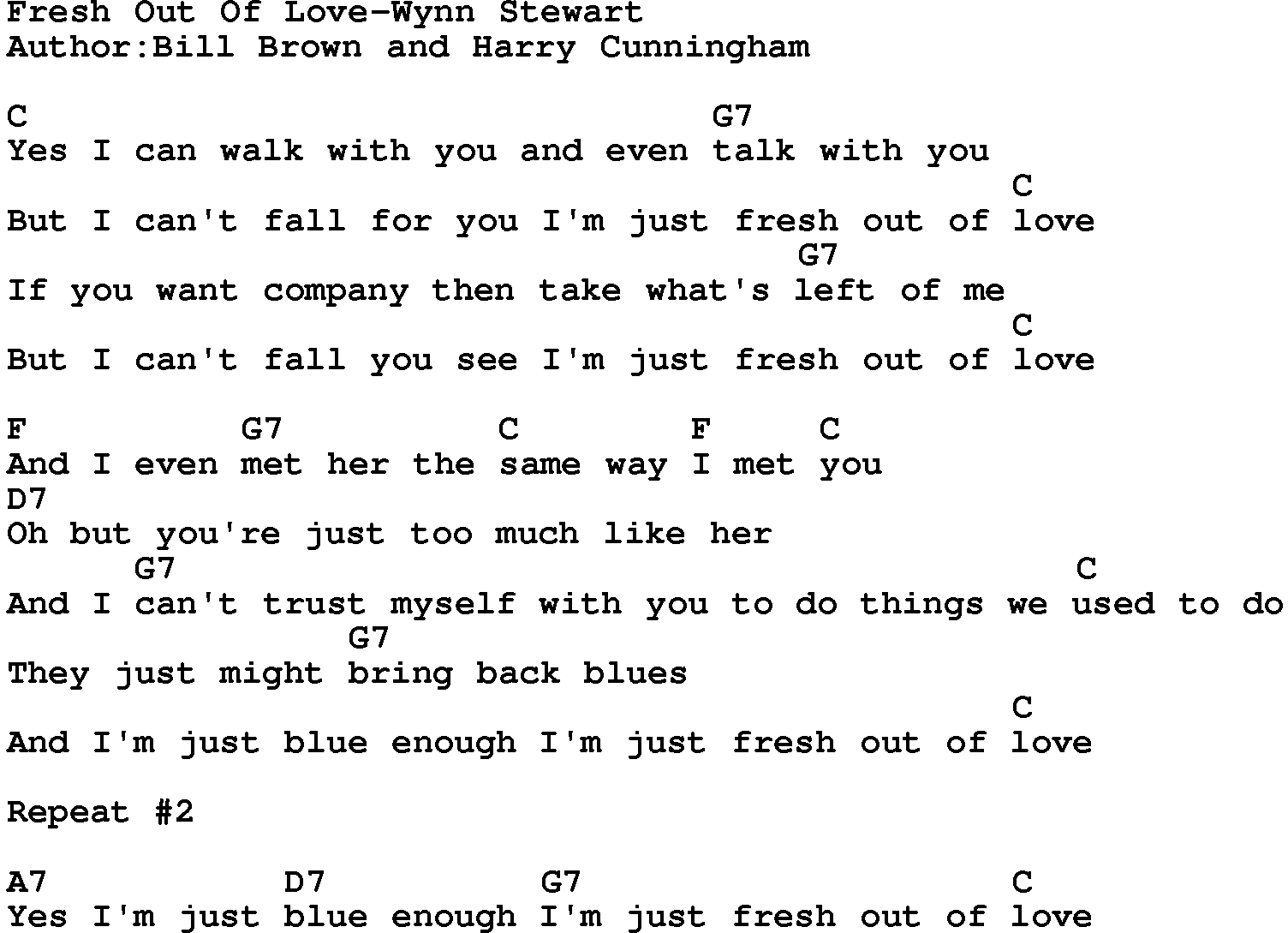 Country music song: Fresh Out Of Love-Wynn Stewart lyrics and chords