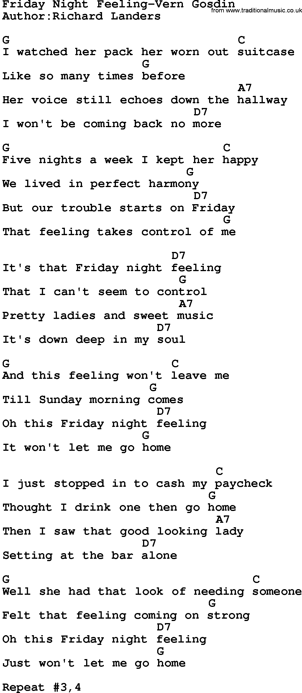 Country music song: Friday Night Feeling-Vern Gosdin lyrics and chords