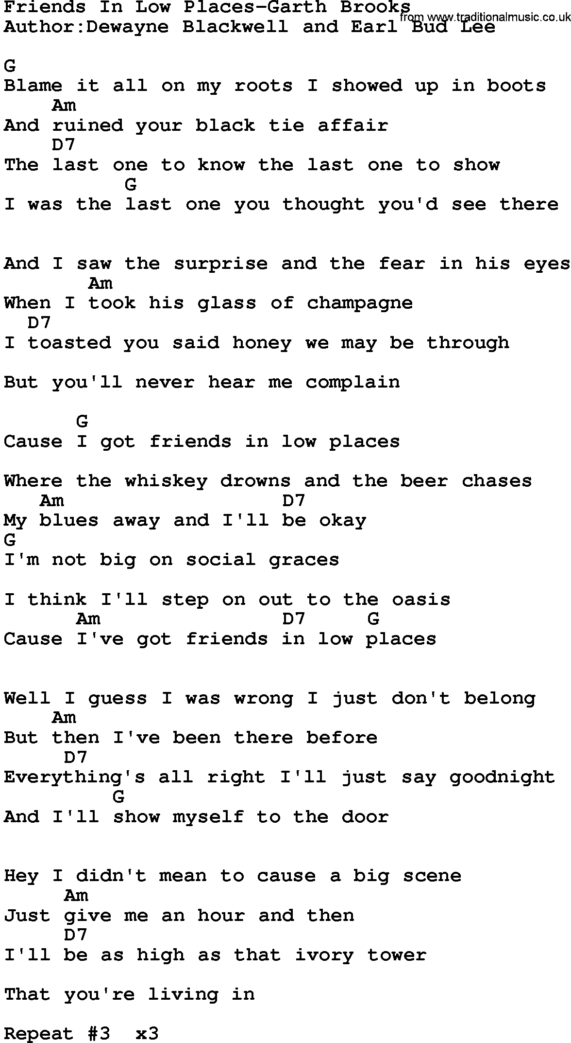 Country music song: Friends In Low Places-Garth Brooks lyrics and chords