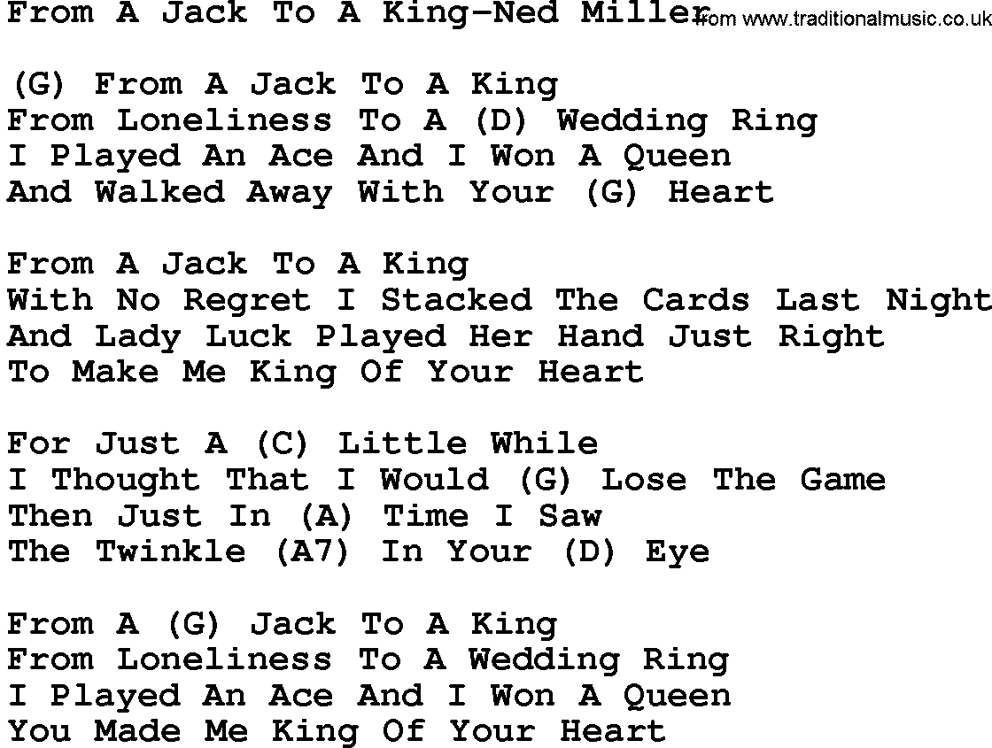 Country music song: From A Jack To A King-Ned Miller lyrics and chords