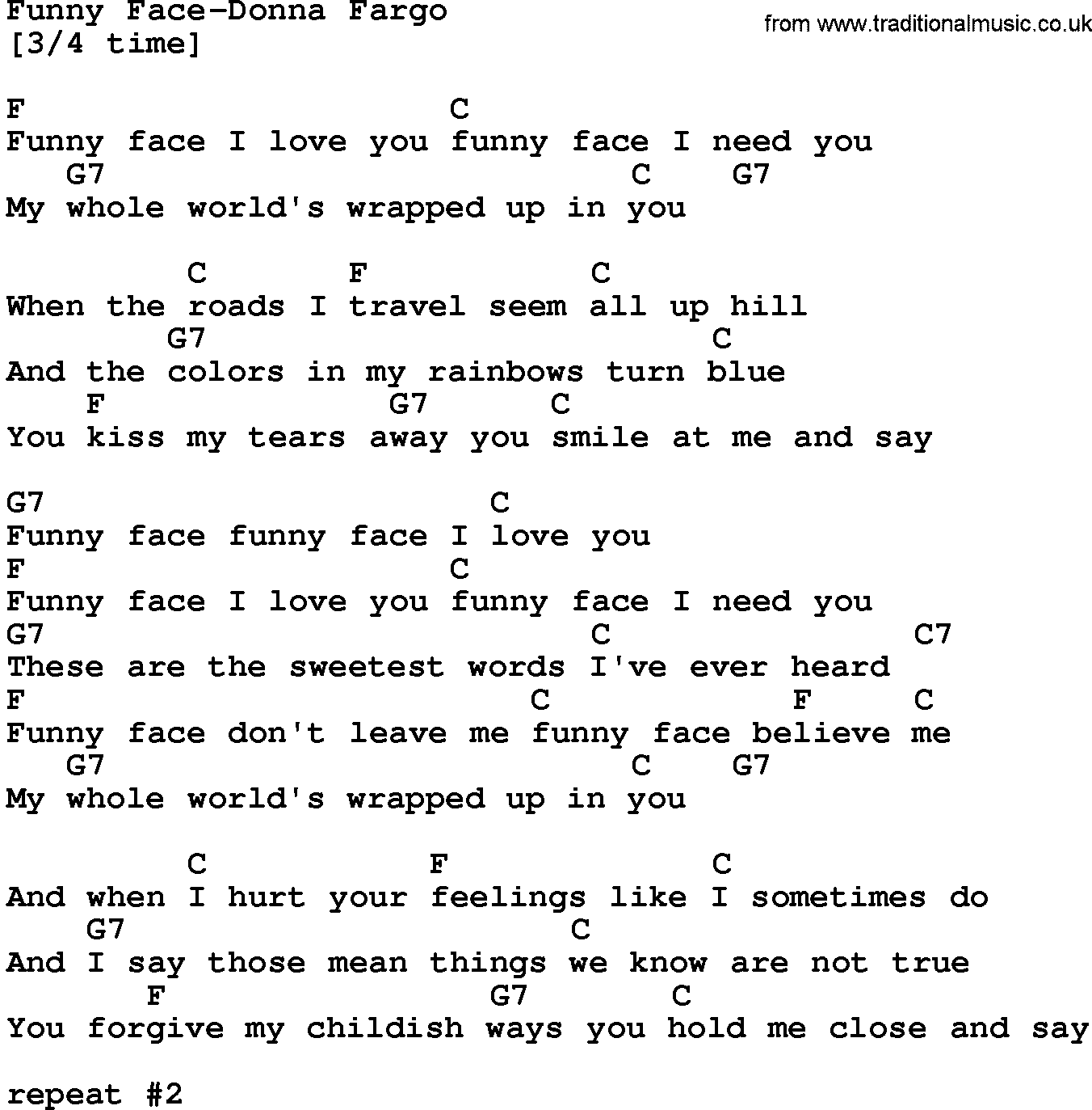 Country music song: Funny Face-Donna Fargo lyrics and chords
