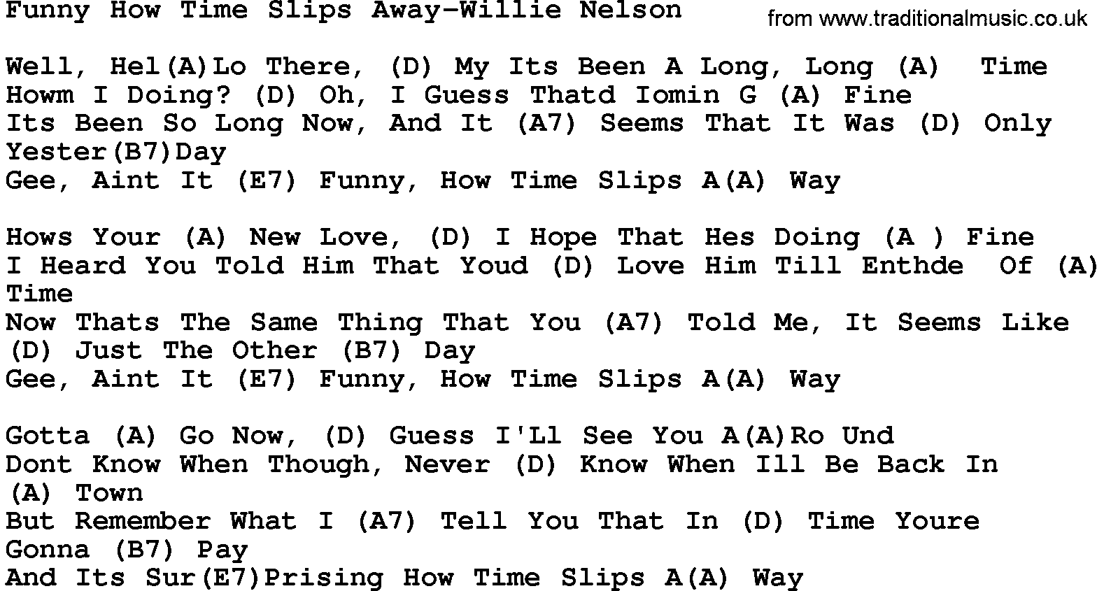 Country music song: Funny How Time Slips Away-Willie Nelson lyrics and chords