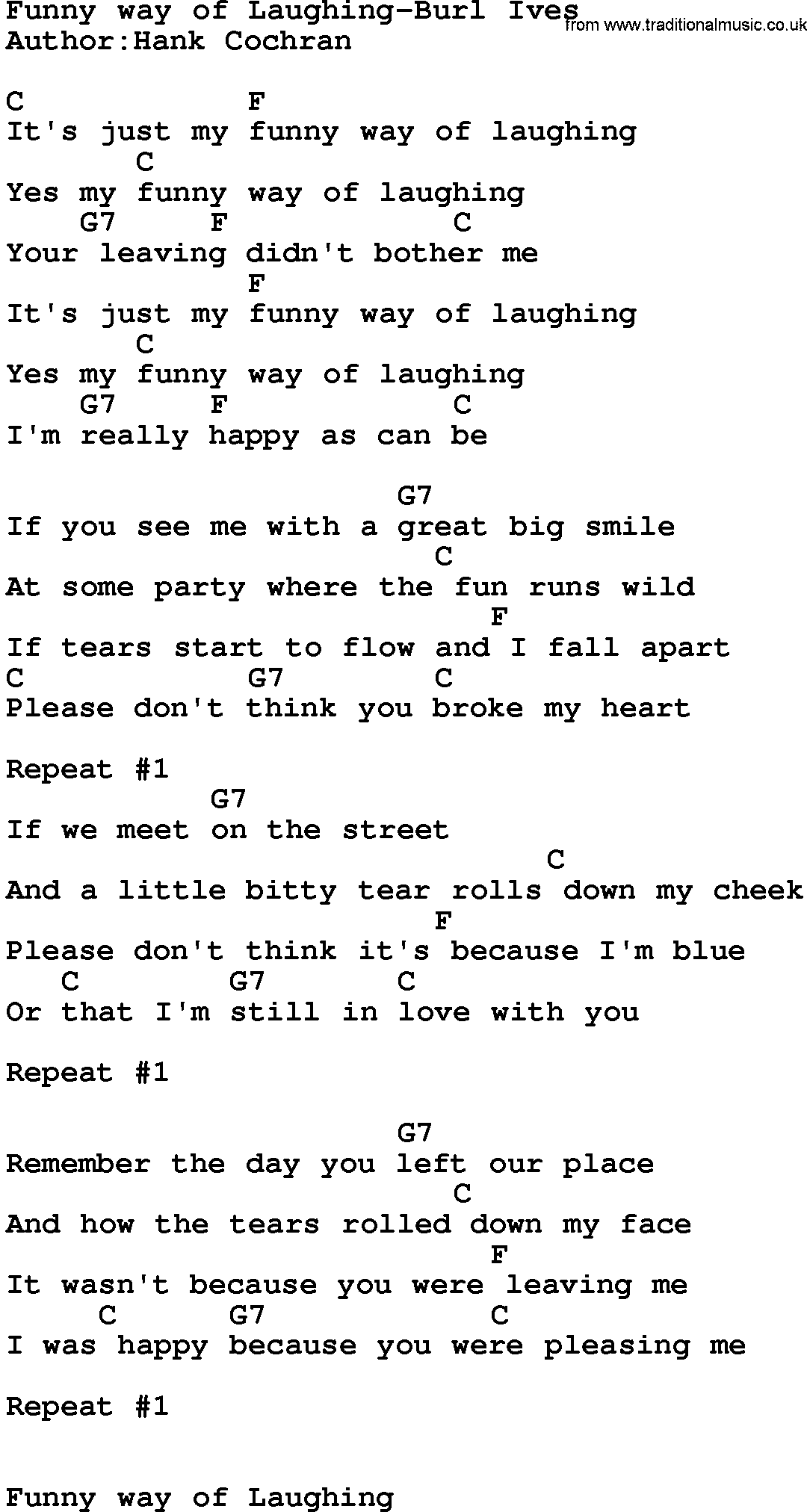 Country music song: Funny Way Of Laughing-Burl Ives lyrics and chords