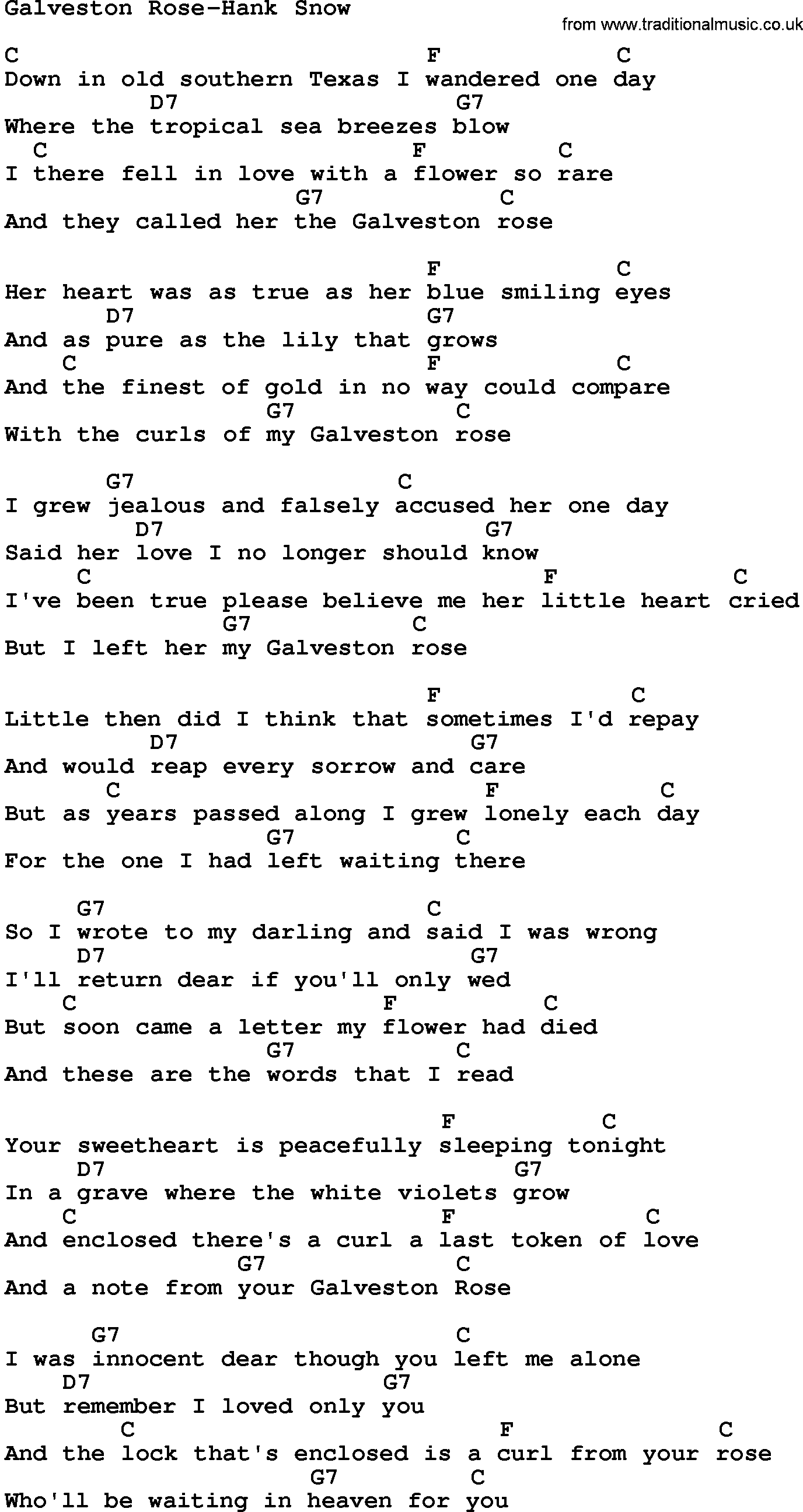 Country music song: Galveston Rose-Hank Snow lyrics and chords