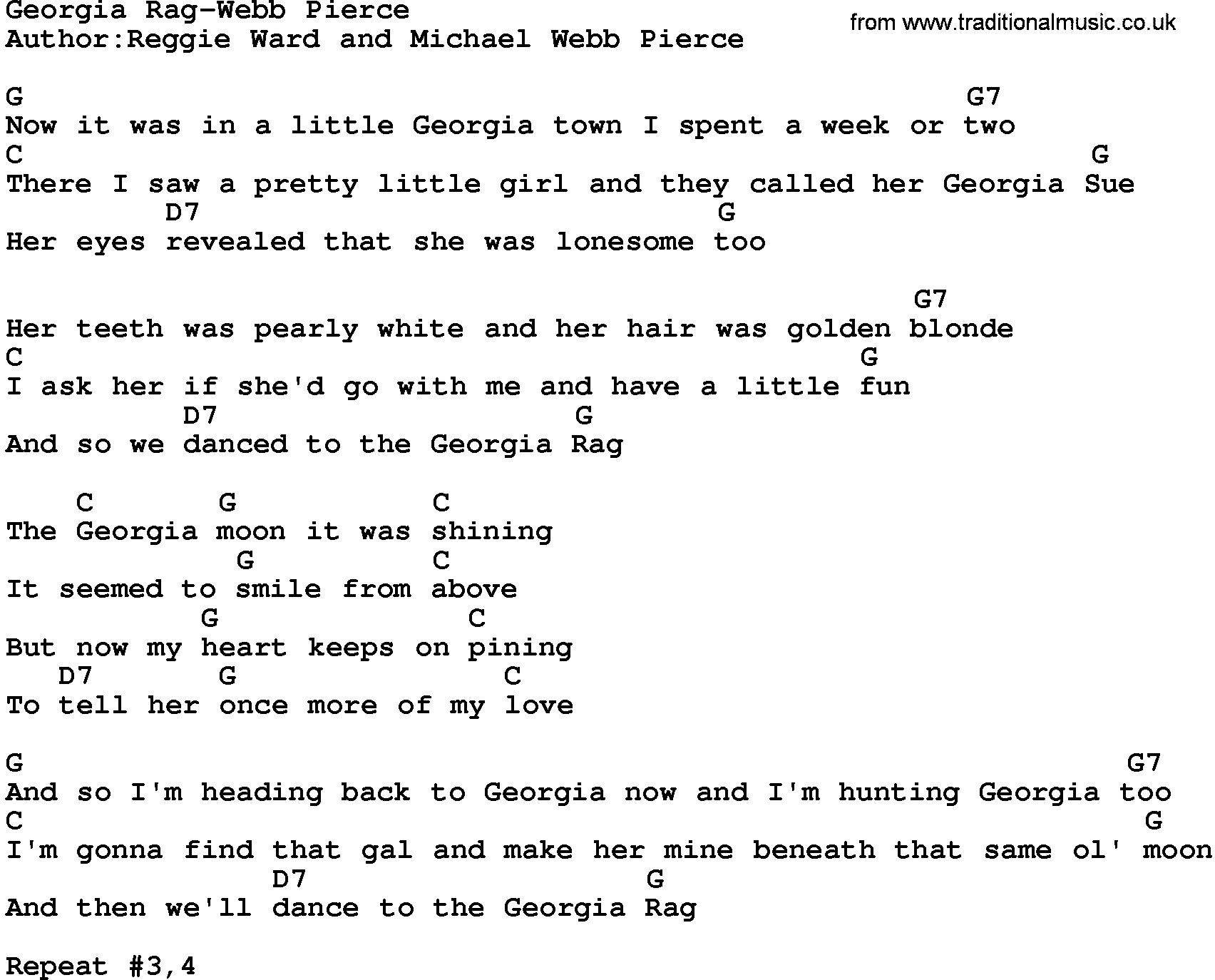 Country music song: Georgia Rag-Webb Pierce lyrics and chords