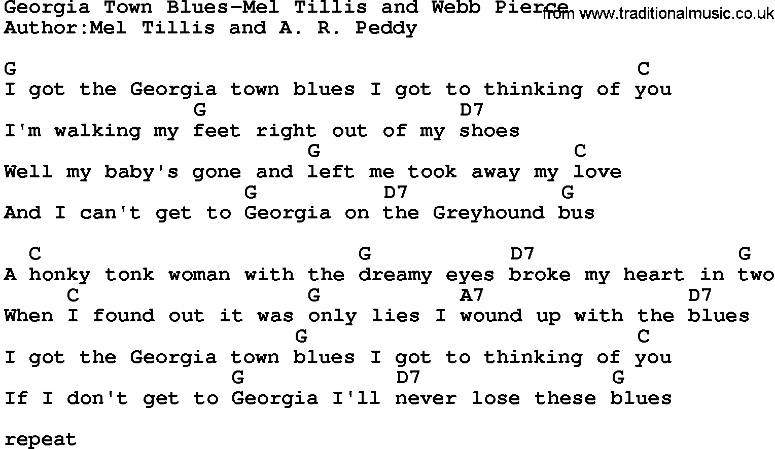 Country music song: Georgia Town Blues-Mel Tillis And Webb Pierce lyrics and chords
