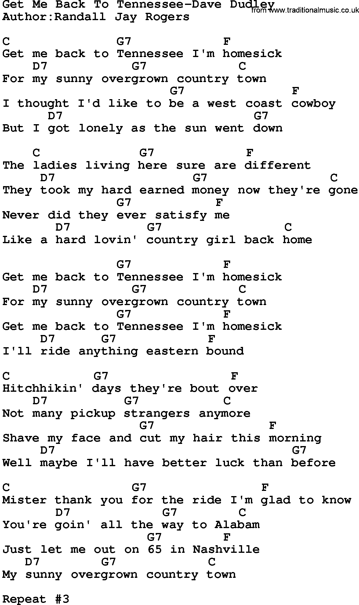 Country music song: Get Me Back To Tennessee-Dave Dudley lyrics and chords