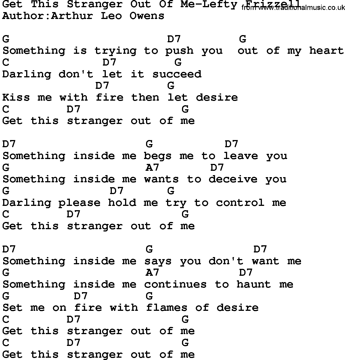 Country music song: Get This Stranger Out Of Me-Lefty Frizzell lyrics and chords