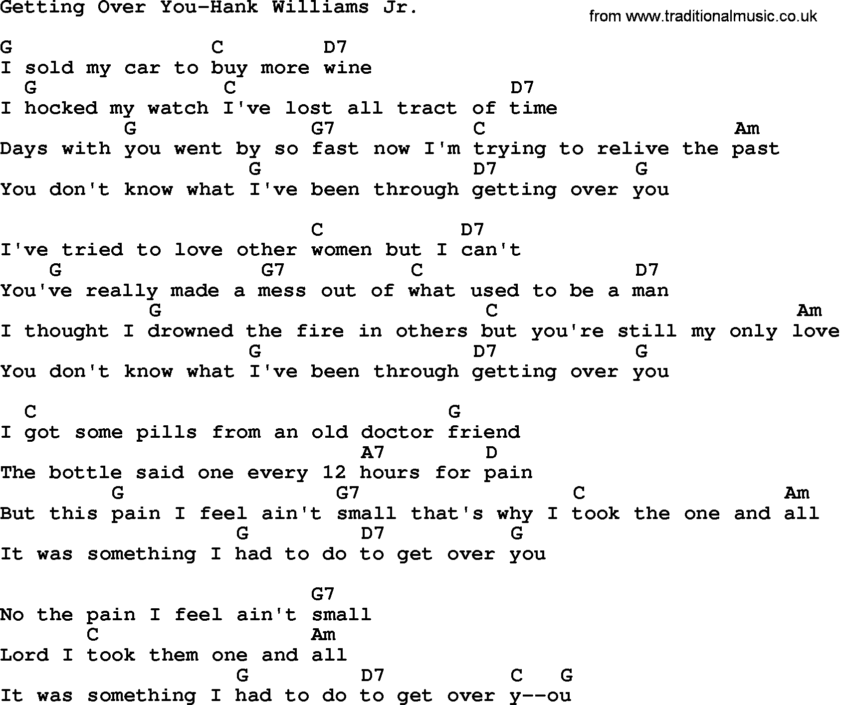 Country music song: Getting Over You-Hank Williams Jr lyrics and chords