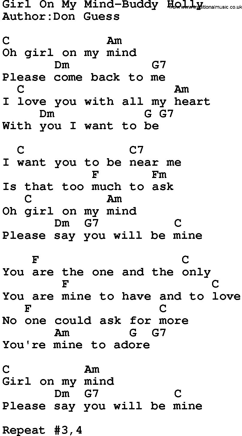 Country music song: Girl On My Mind-Buddy Holly lyrics and chords