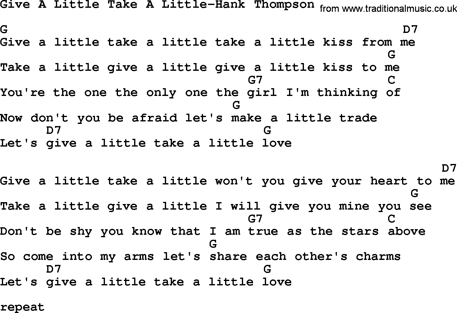 Country music song: Give A Little Take A Little-Hank Thompson lyrics and chords