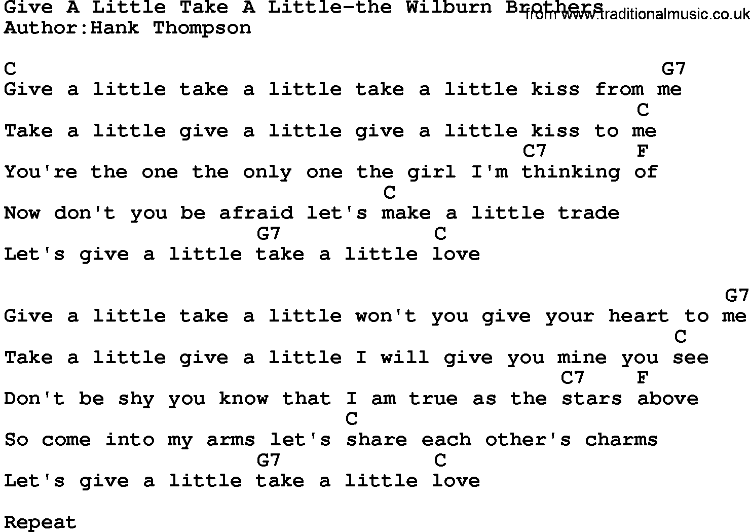 Country music song: Give A Little Take A Little-The Wilburn Brothers lyrics and chords