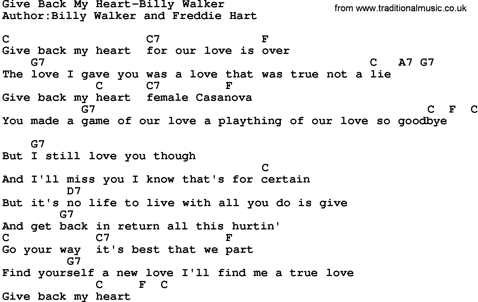 Country music song: Give Back My Heart-Billy Walker lyrics and chords