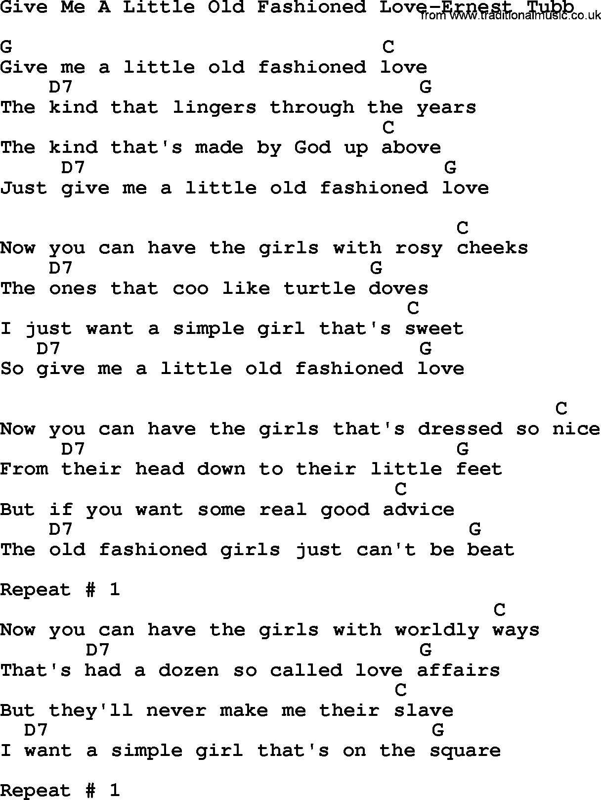 Country music song: Give Me A Little Old Fashioned Love-Ernest Tubb lyrics and chords