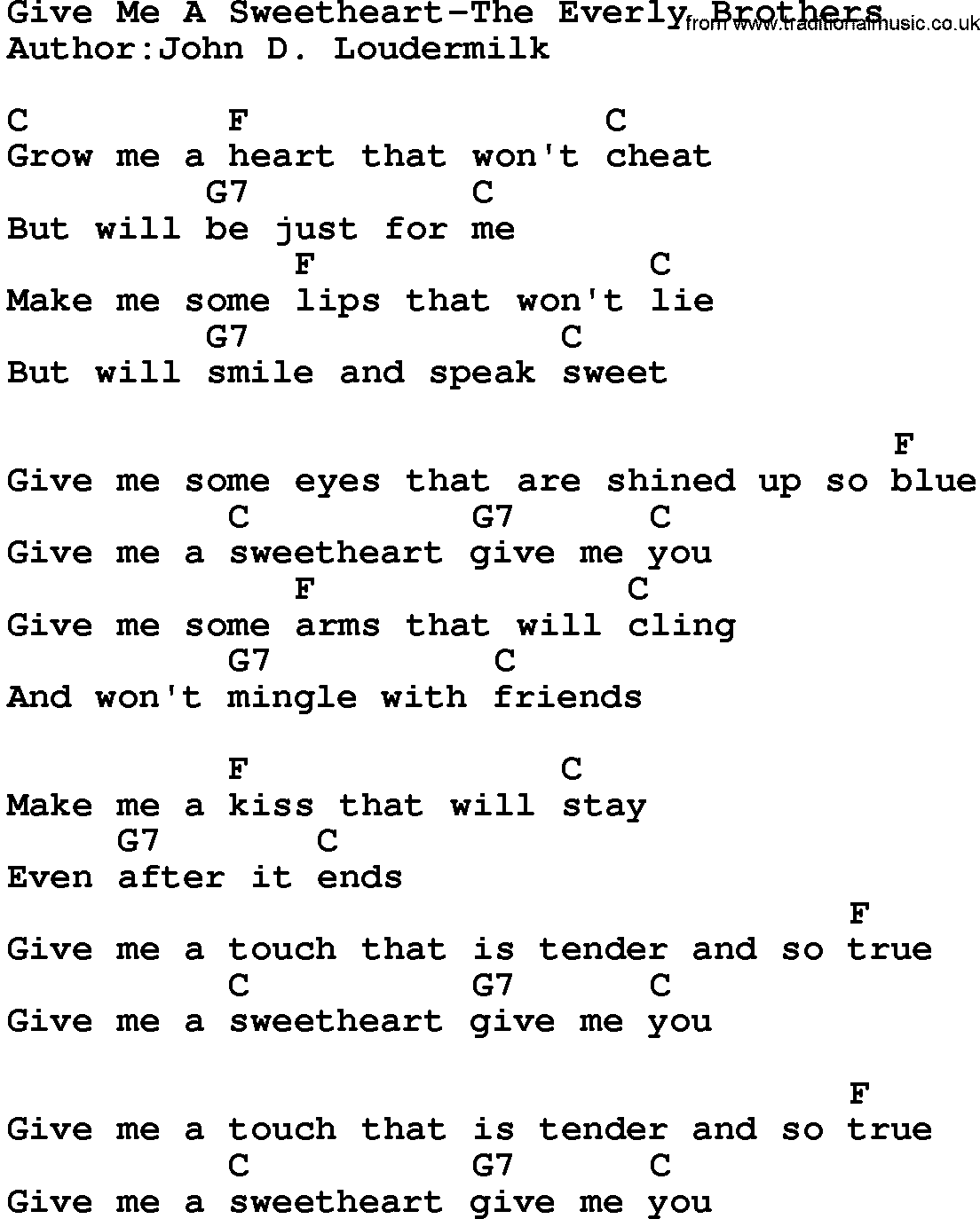 Country music song: Give Me A Sweetheart-The Everly Brothers lyrics and chords
