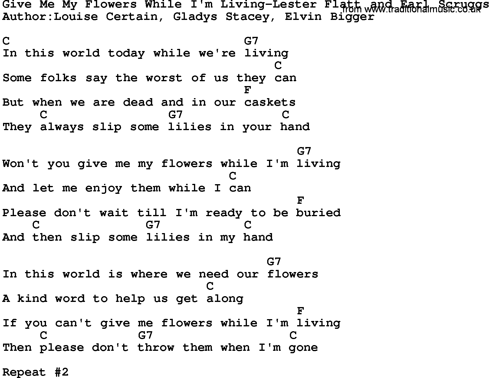 Country music song: Give Me My Flowers While I'm Living-Lester Flatt And Earl Scruggs lyrics and chords