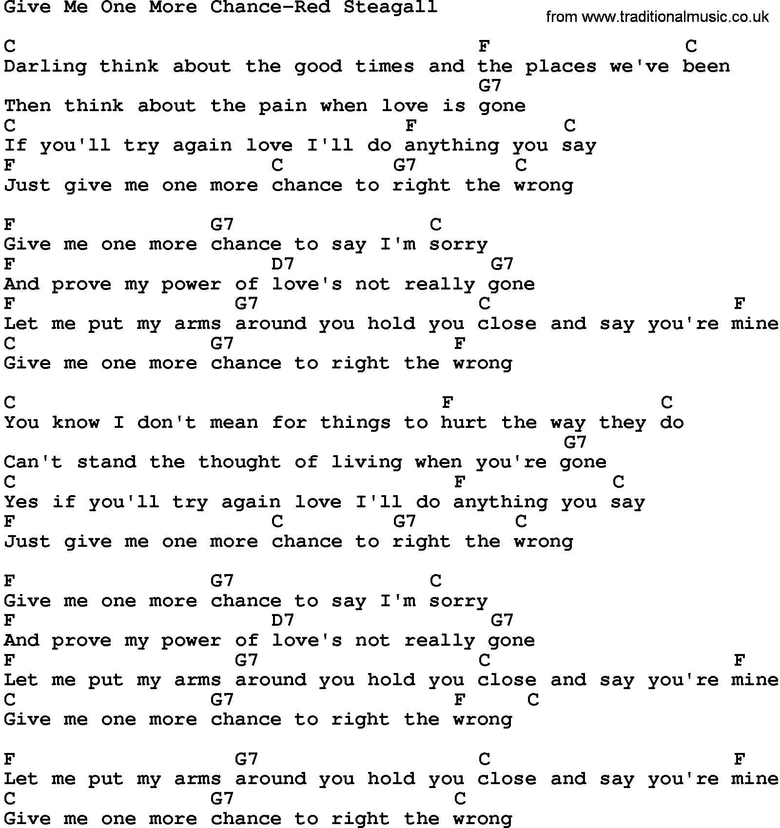 Country music song: Give Me One More Chance-Red Steagall lyrics and chords
