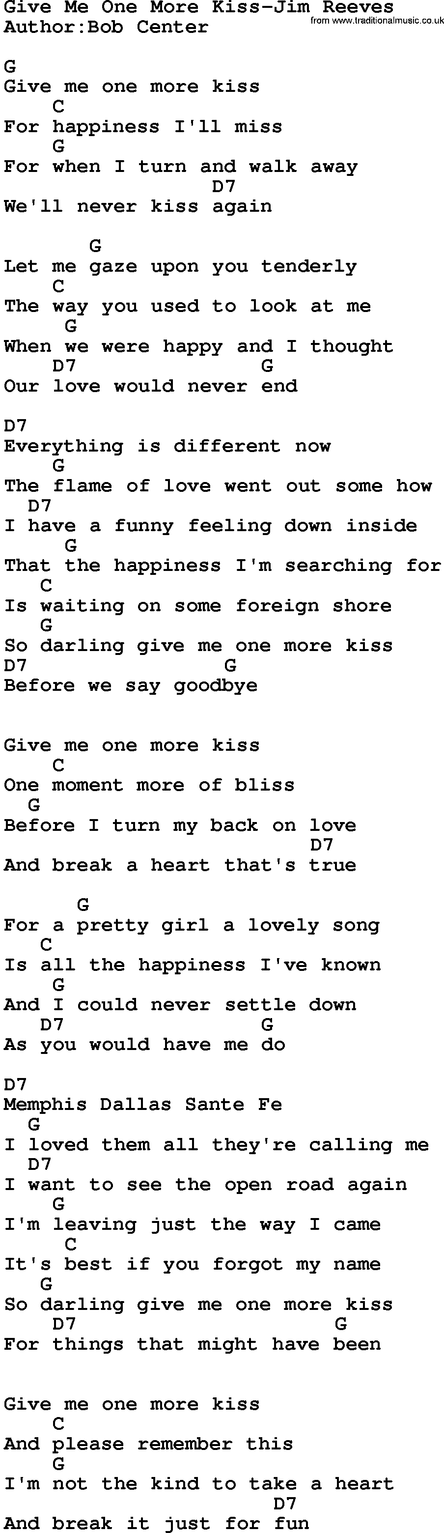 Country music song: Give Me One More Kiss-Jim Reeves lyrics and chords