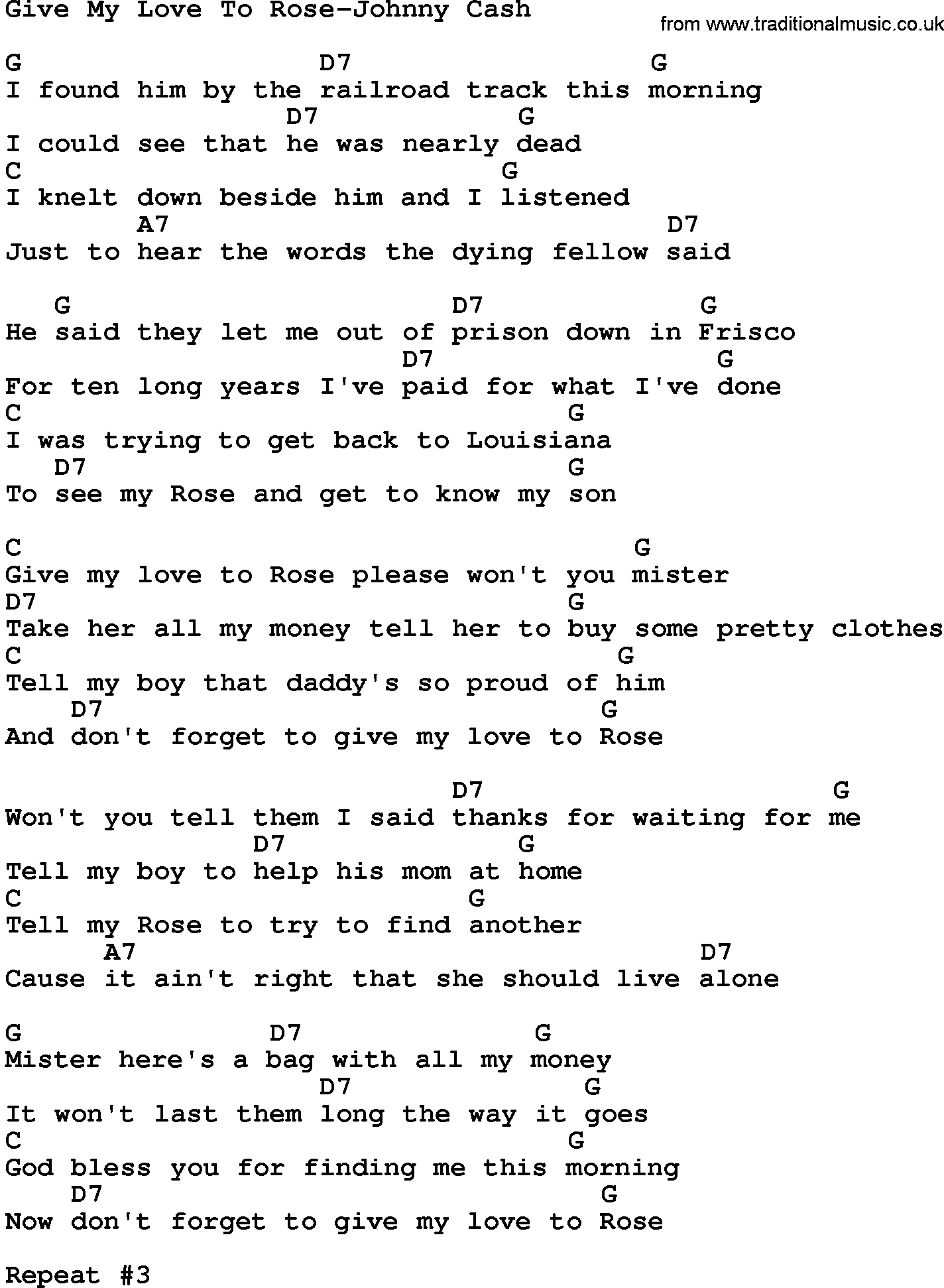 Country music song: Give My Love To Rose-Johnny Cash lyrics and chords