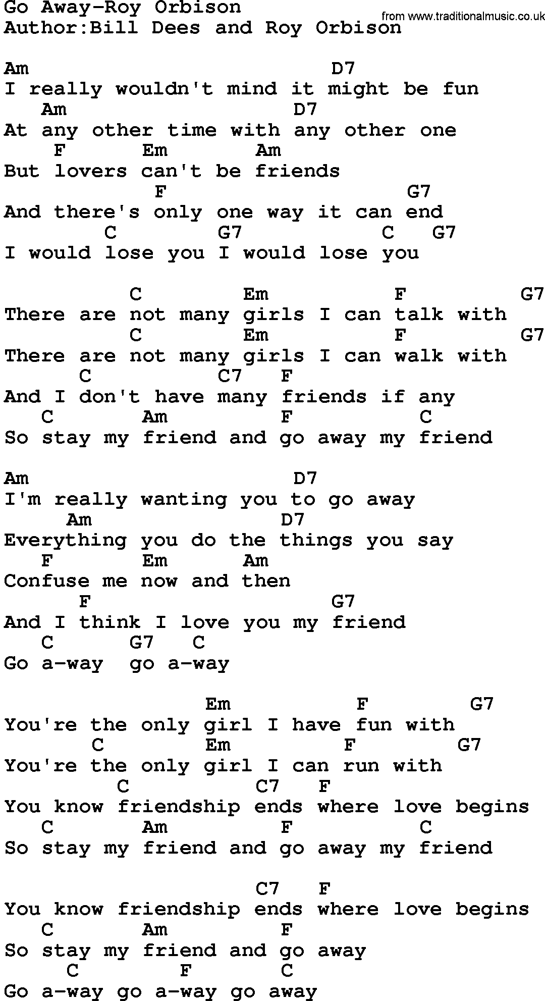 Country music song: Go Away-Roy Orbison lyrics and chords