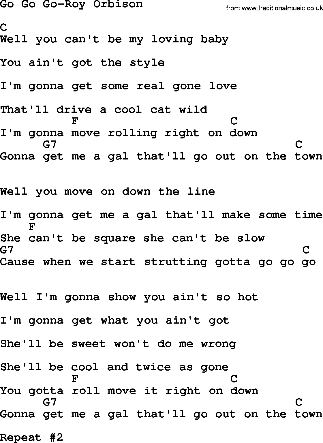 Country music song: Go Go Go-Roy Orbison lyrics and chords