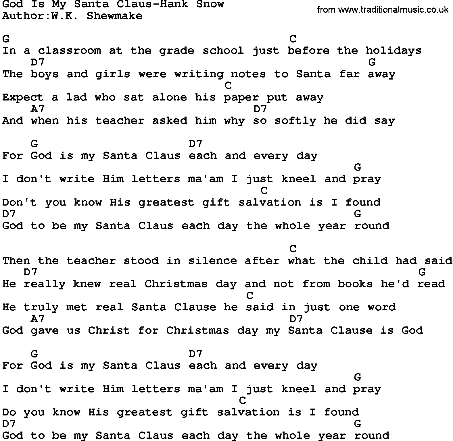 Country music song: God Is My Santa Claus-Hank Snow lyrics and chords