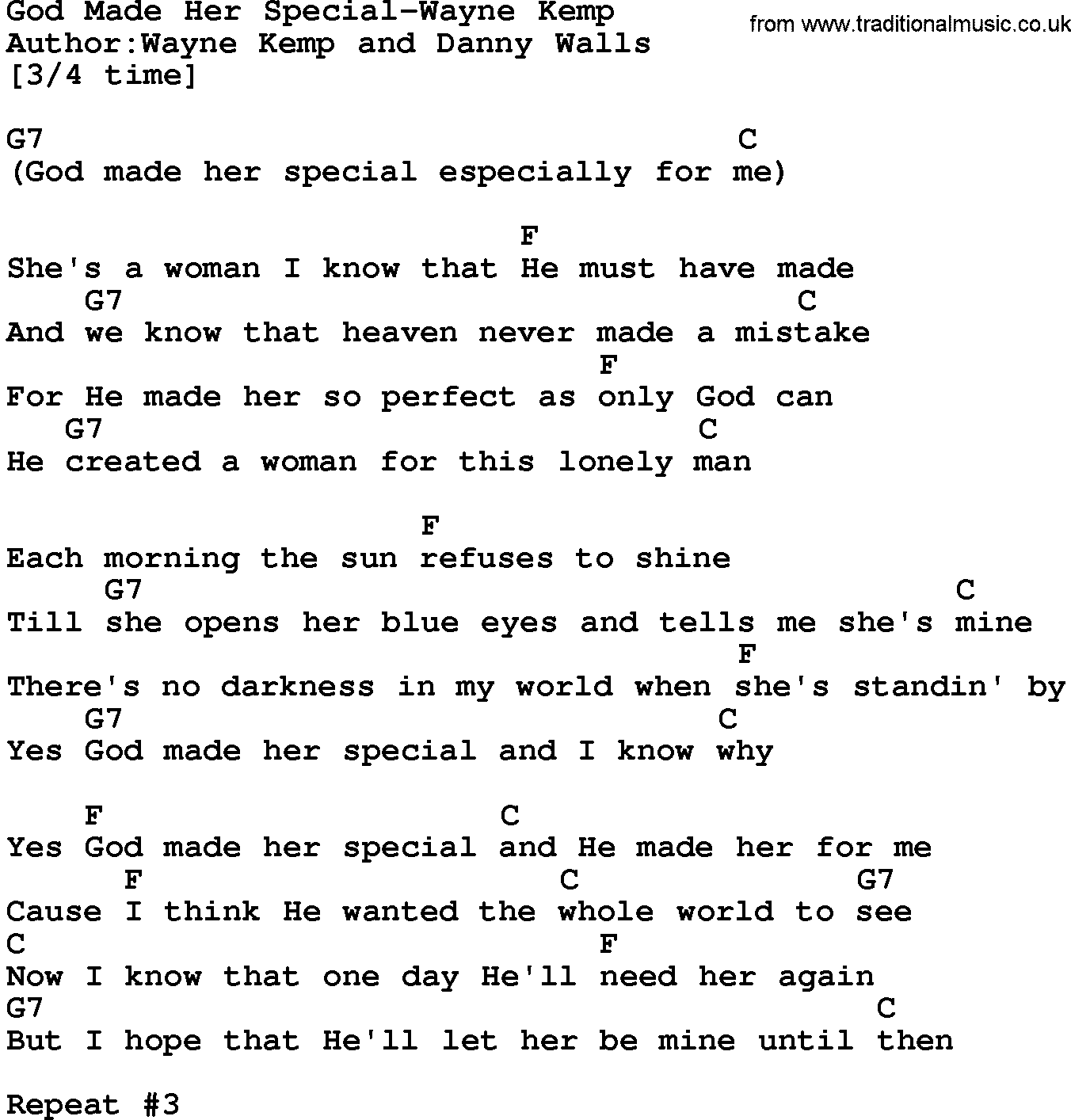 Country music song: God Made Her Special-Wayne Kemp lyrics and chords