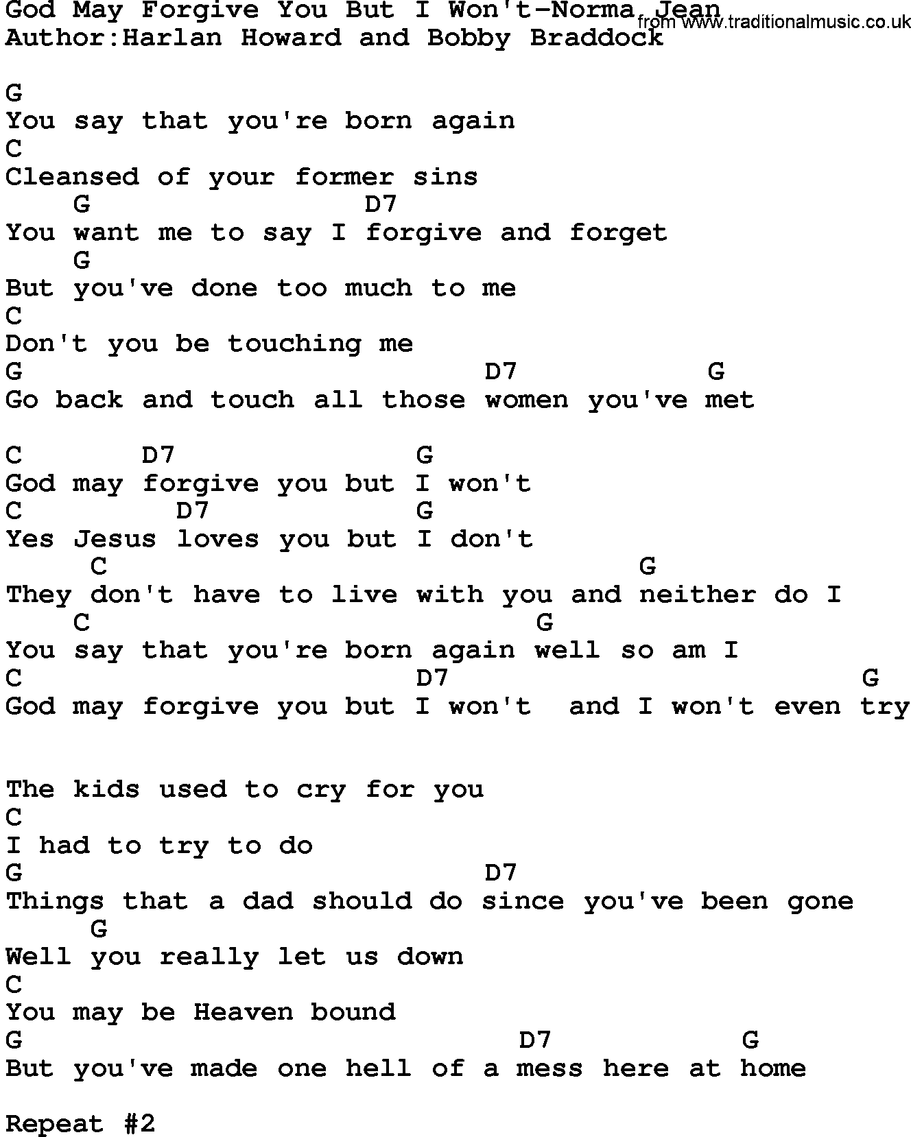 Country music song: God May Forgive You But I Won't-Norma Jean lyrics and chords