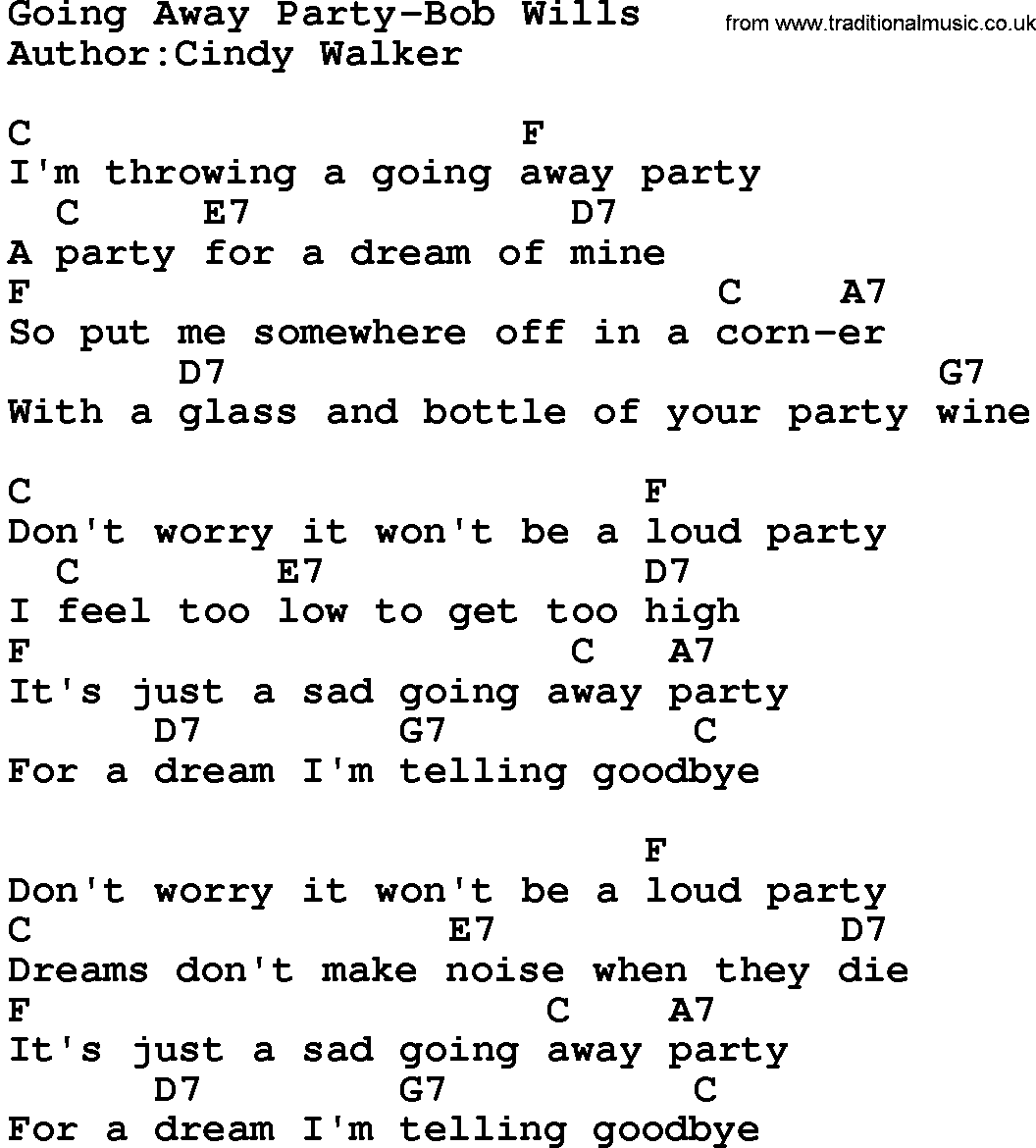 Country music song: Going Away Party-Bob Wills lyrics and chords