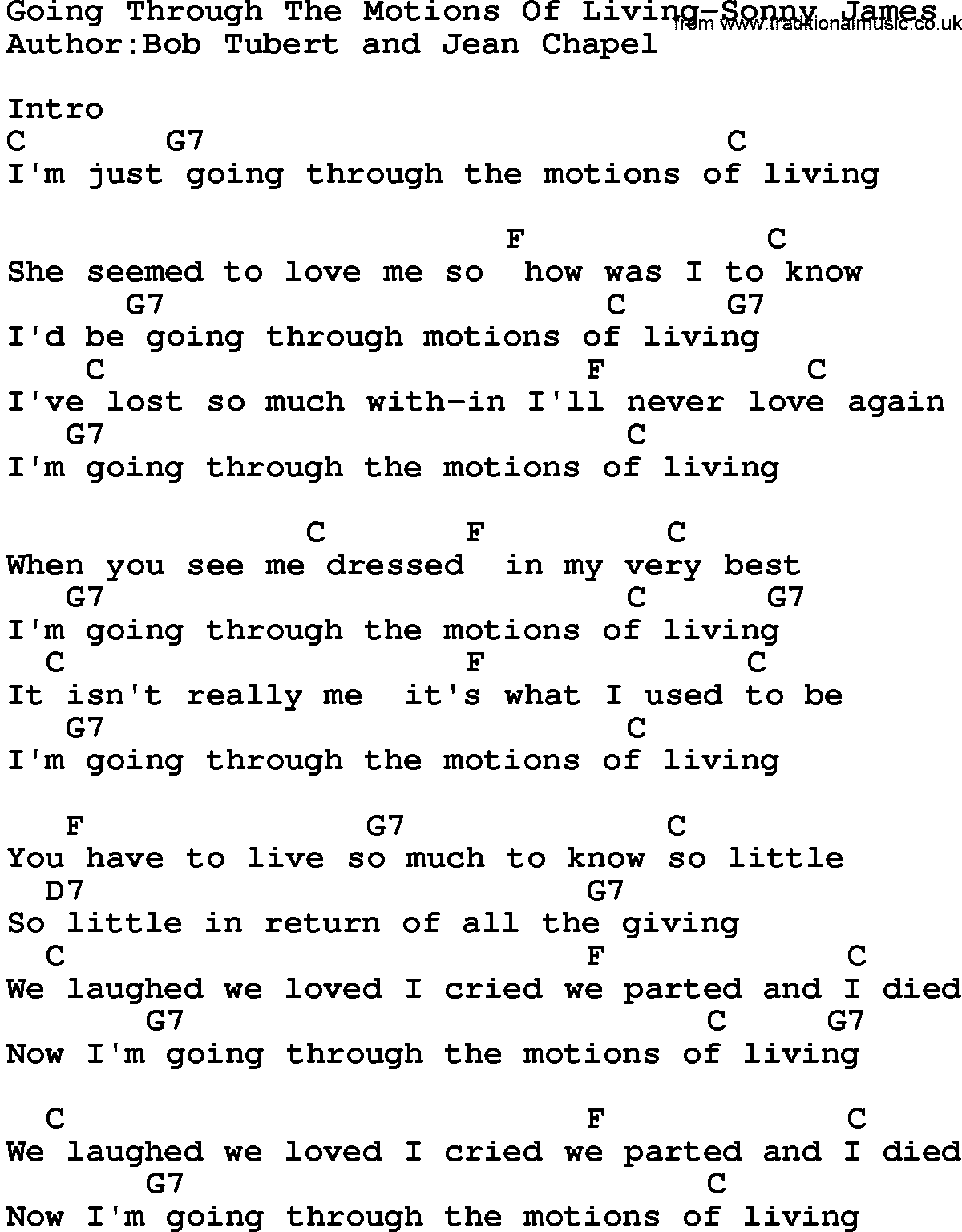 Country music song: Going Through The Motions Of Living-Sonny James lyrics and chords