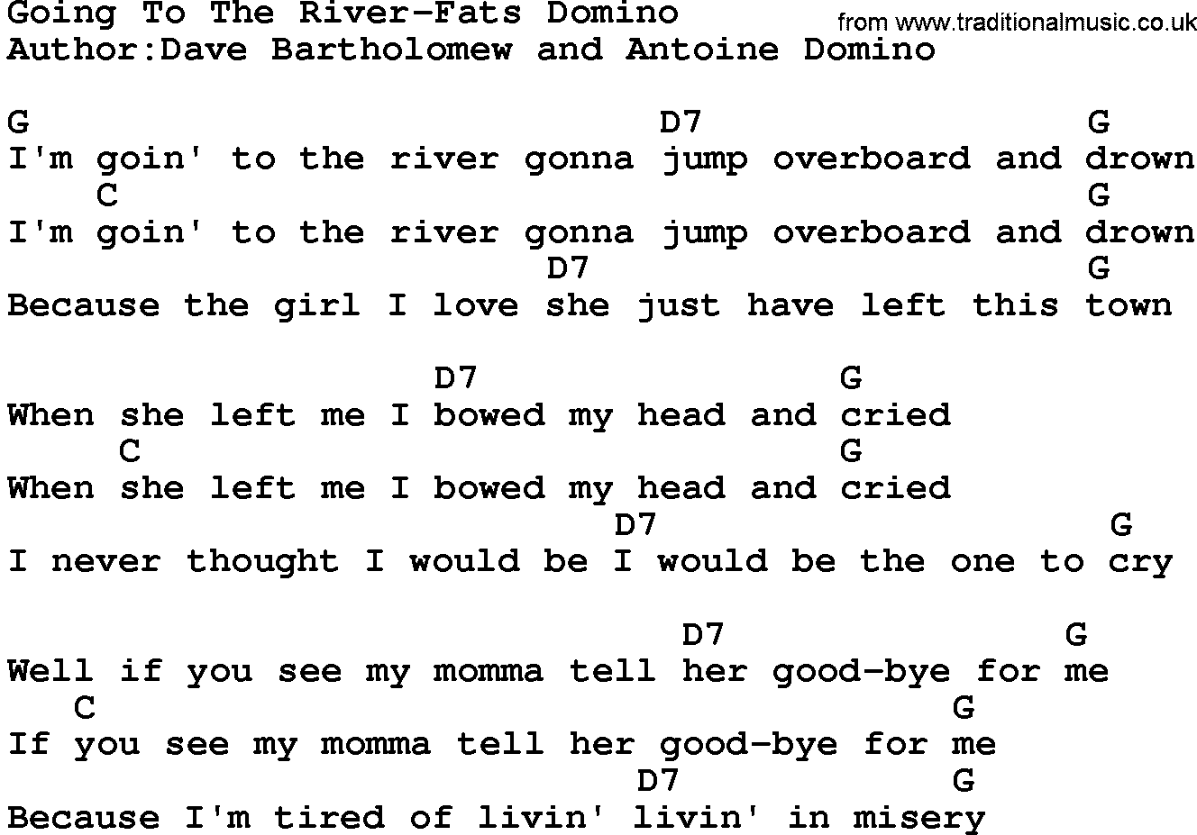 Country music song: Going To The River-Fats Domino lyrics and chords