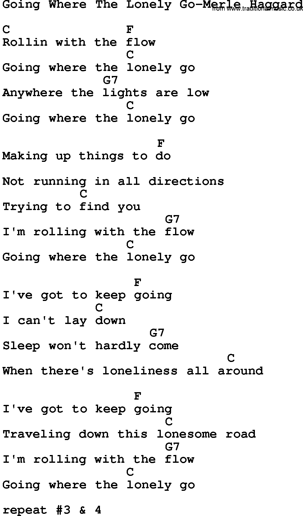 Country music song: Going Where The Lonely Go-Merle Haggard lyrics and chords