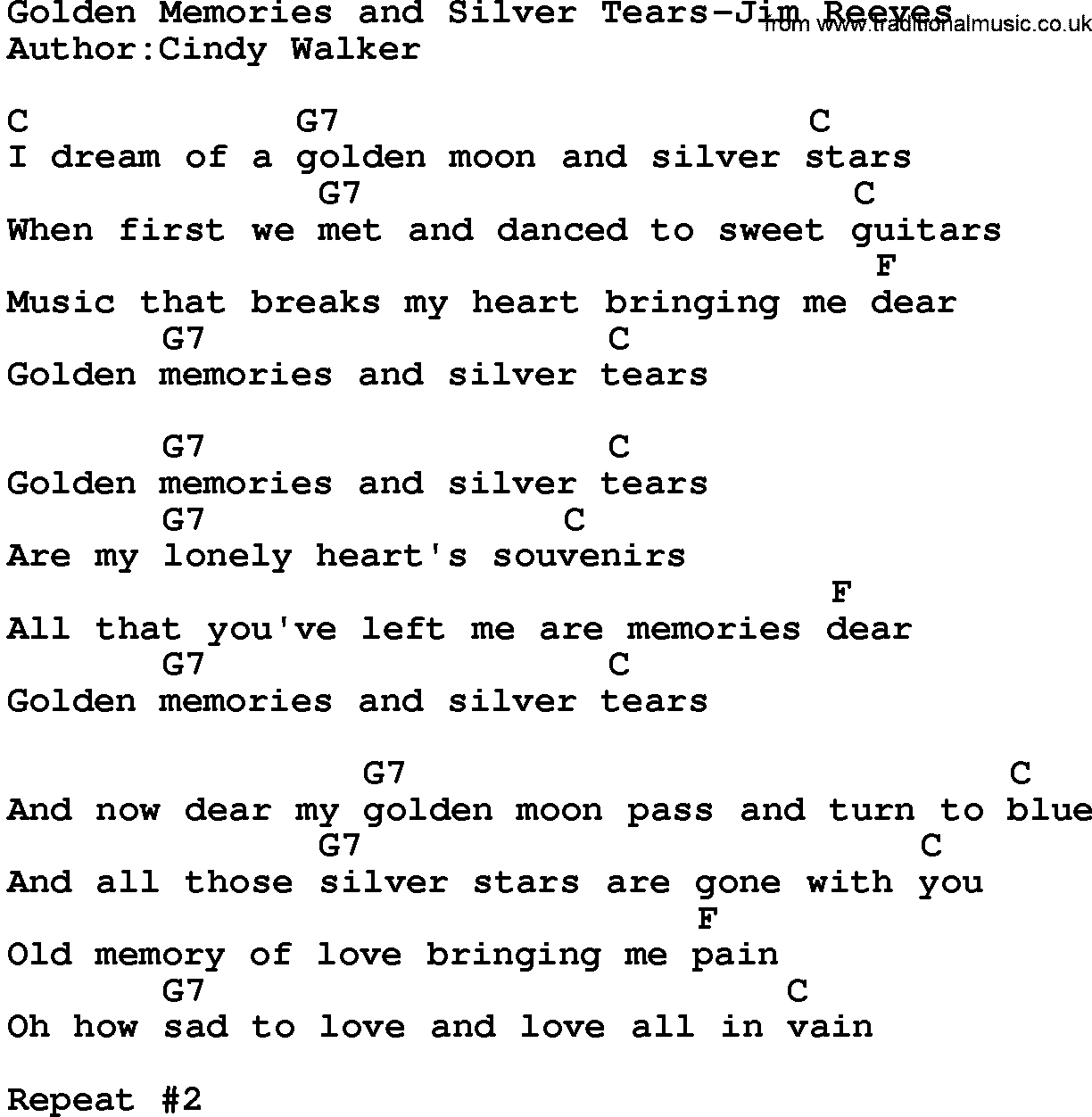 Country music song: Golden Memories And Silver Tears-Jim Reeves lyrics and chords