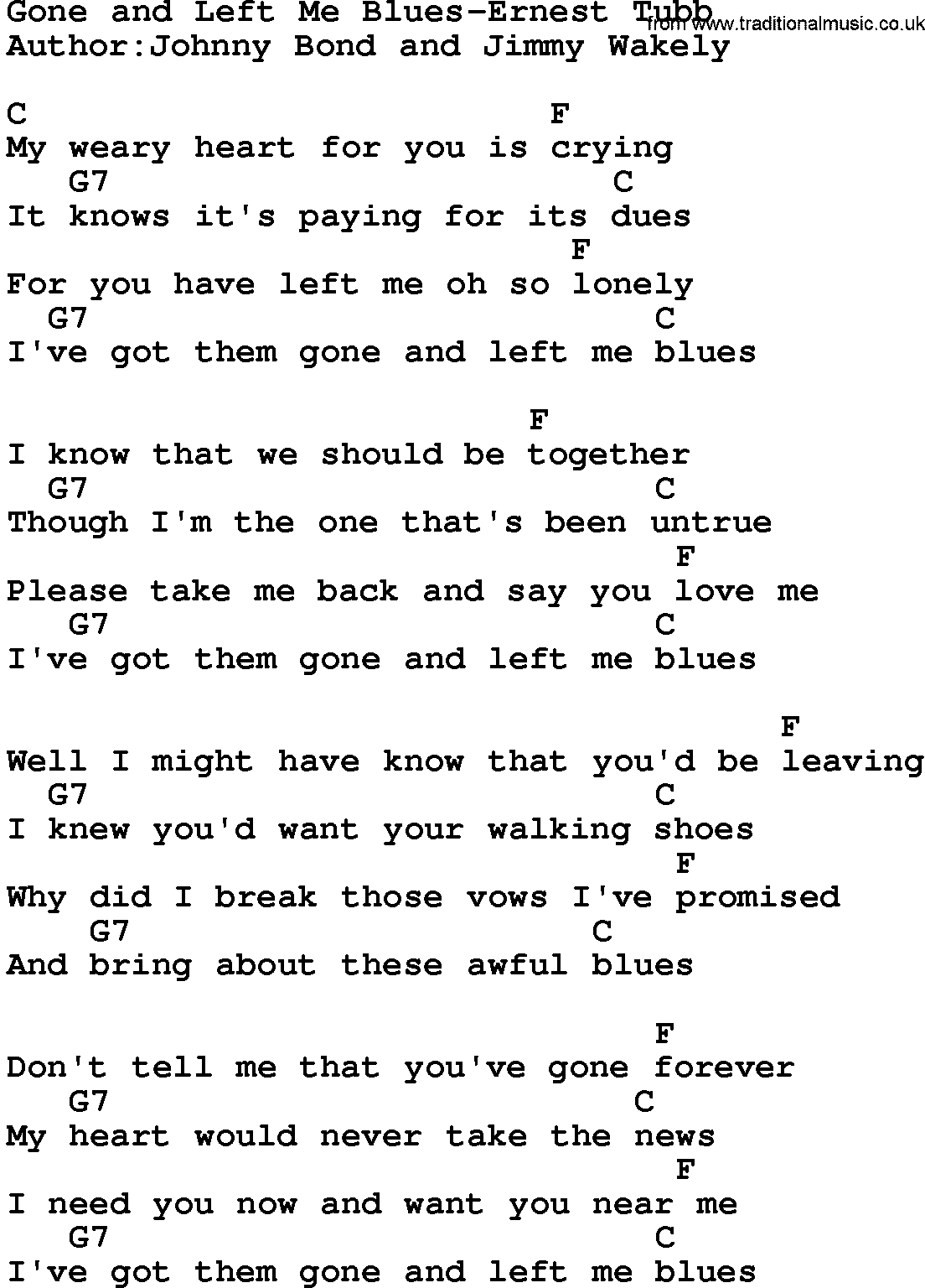 Country music song: Gone And Left Me Blues-Ernest Tubb lyrics and chords