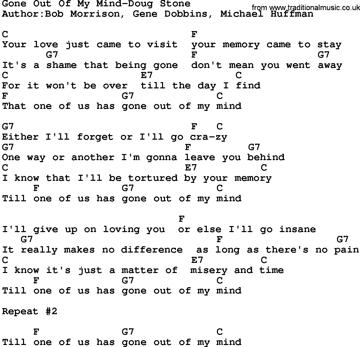 Country music song: Gone Out Of My Mind-Doug Stone lyrics and chords
