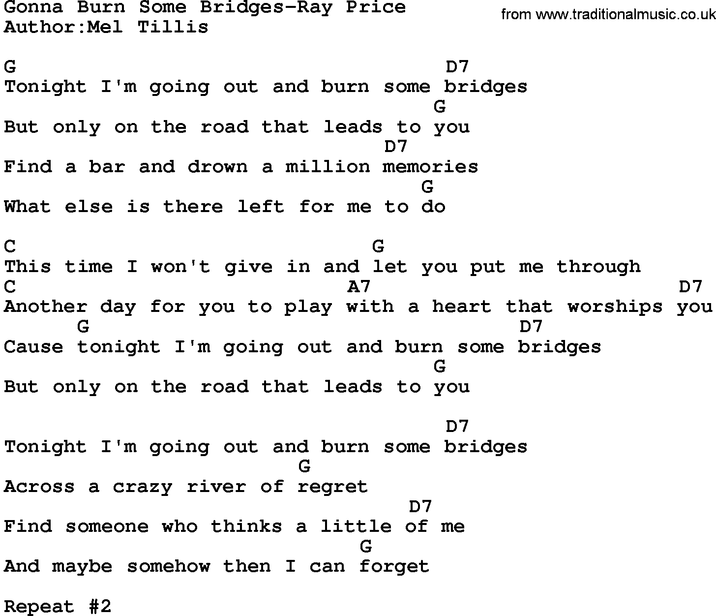 Country music song: Gonna Burn Some Bridges-Ray Price lyrics and chords