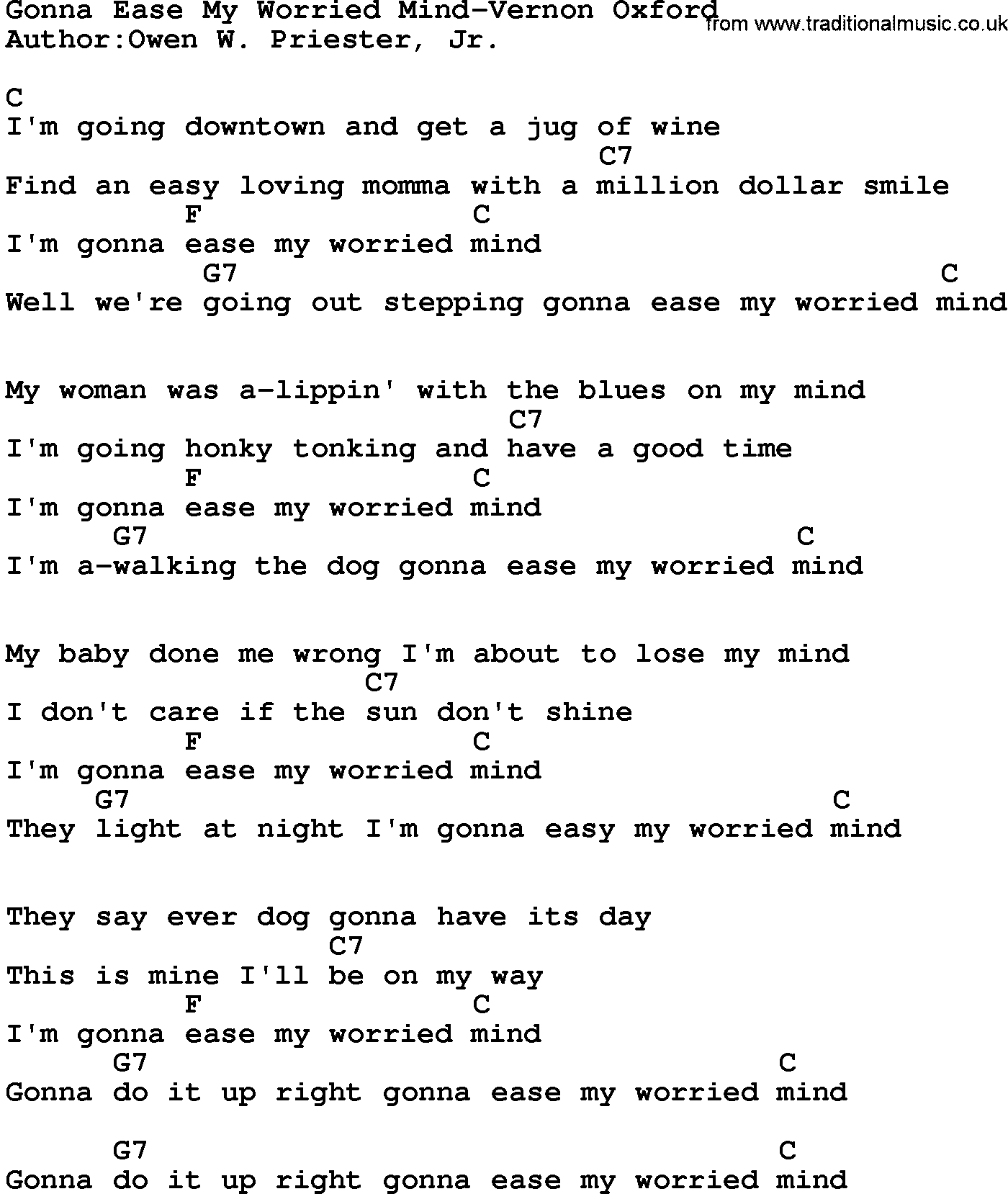 Country music song: Gonna Ease My Worried Mind-Vernon Oxford lyrics and chords