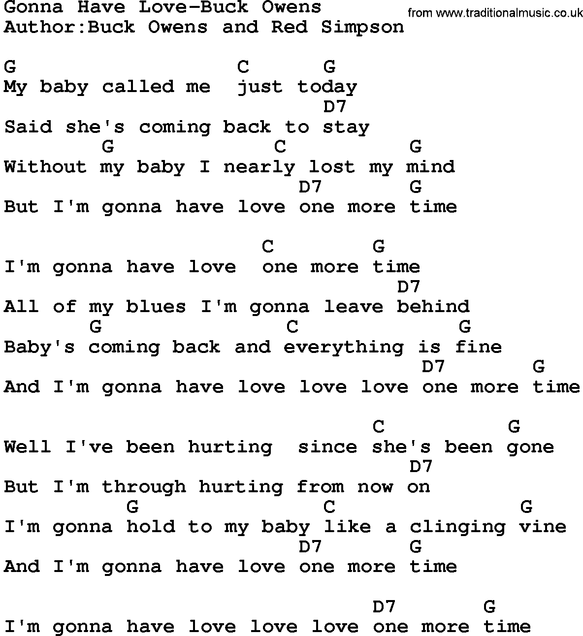 Country music song: Gonna Have Love-Buck Owens lyrics and chords