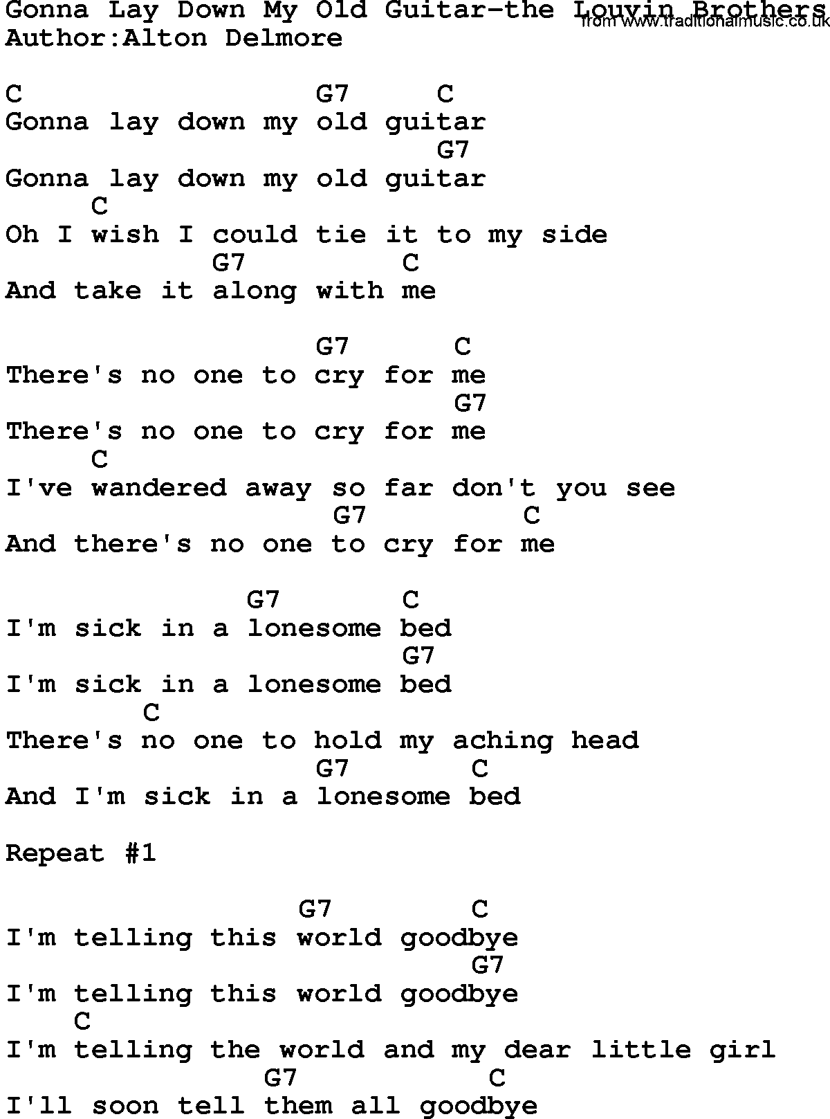 Country music song: Gonna Lay Down My Old Guitar-The Louvin Brothers lyrics and chords