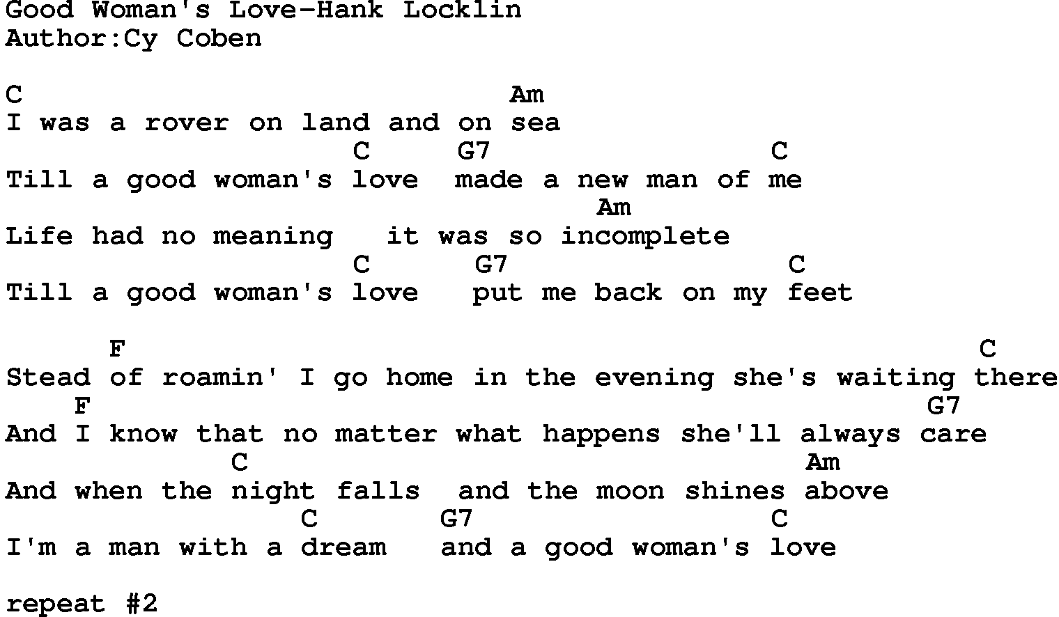 Country music song: Good Woman's Love-Hank Locklin  lyrics and chords