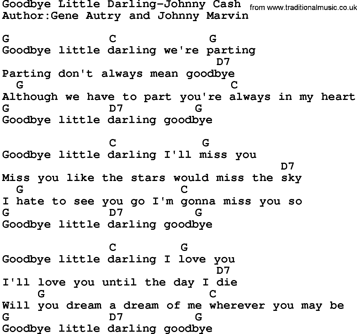 Country music song: Goodbye Little Darling-Johnny Cash lyrics and chords