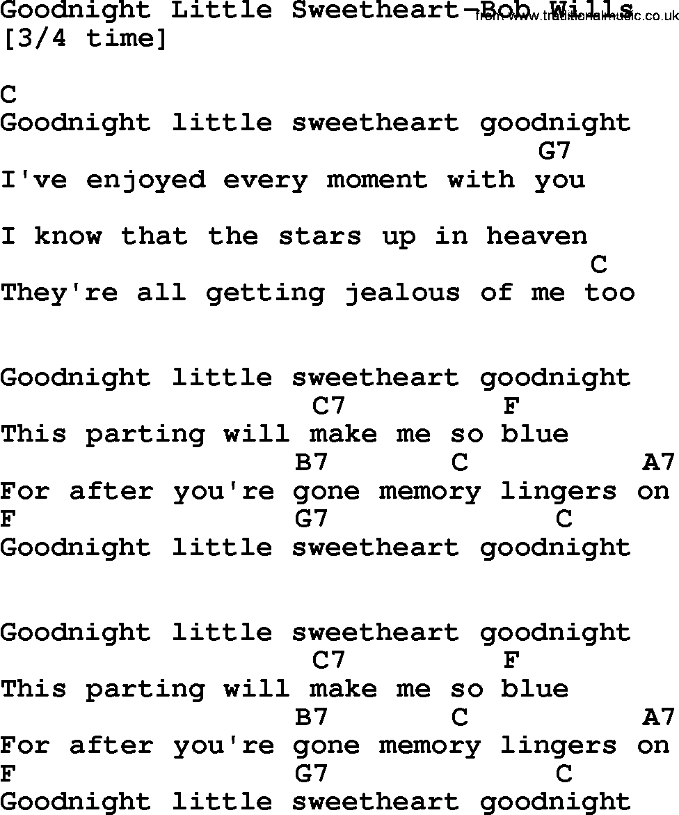 Country music song: Goodnight Little Sweetheart-Bob Wills lyrics and chords