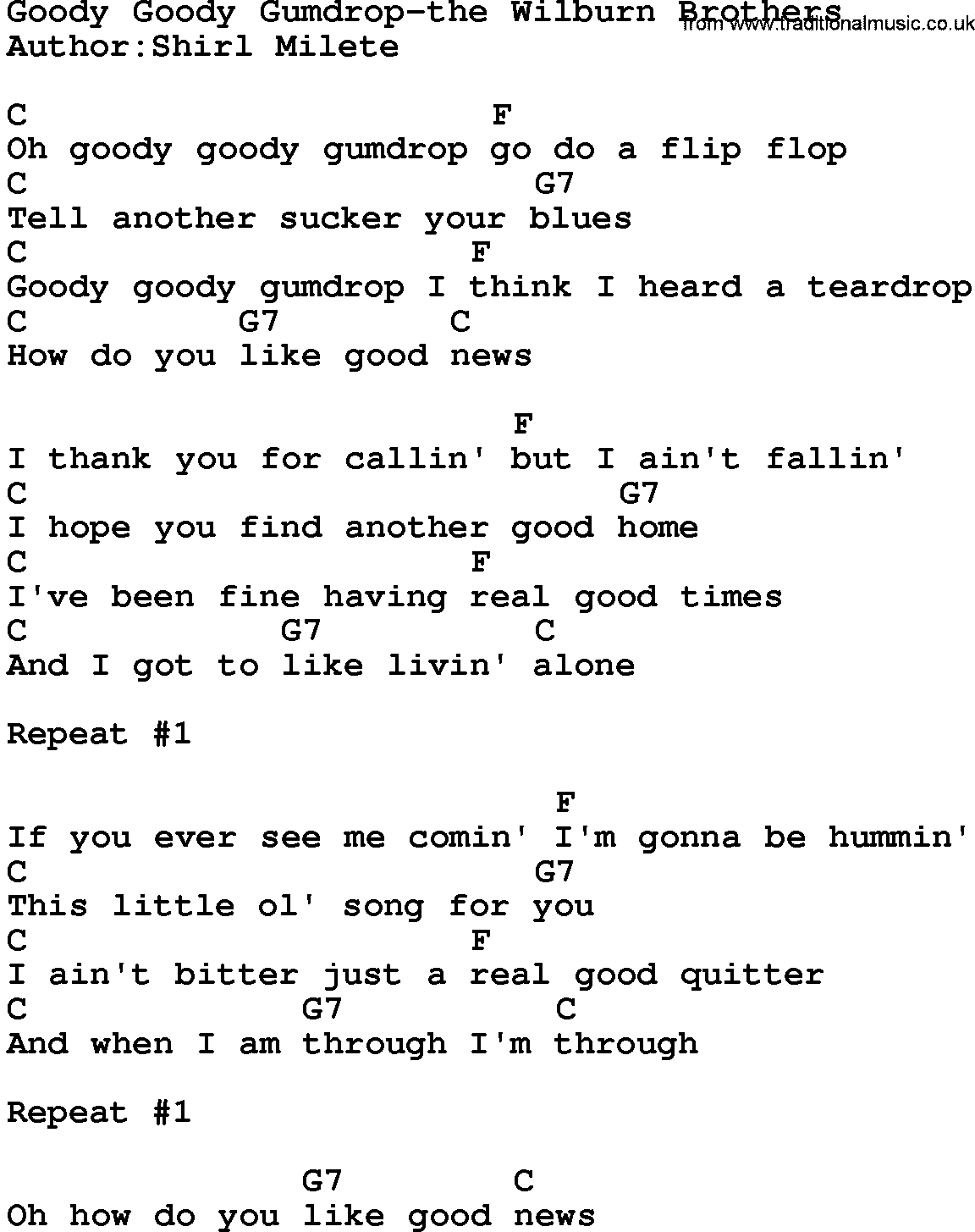Country music song: Goody Goody Gumdrop-The Wilburn Brothers lyrics and chords